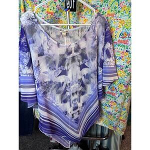 109 World Unity Woman Purple White Abstract Print Handkerchief Hem Poncho